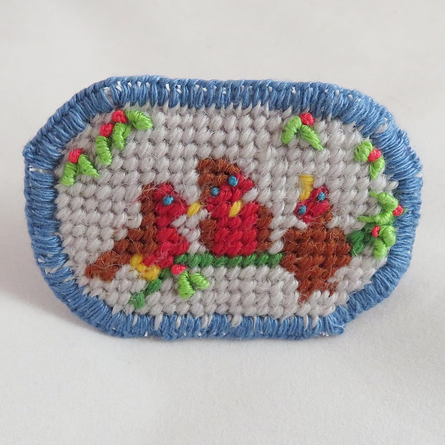 Christmas Robins - a Tapestry Brooch