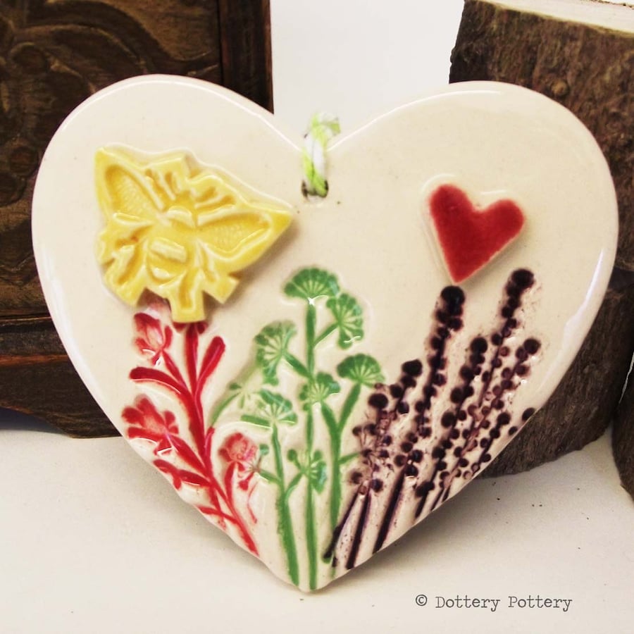 Ceramic heart floral decoration Home decor gift for gardeners, pottery heart 