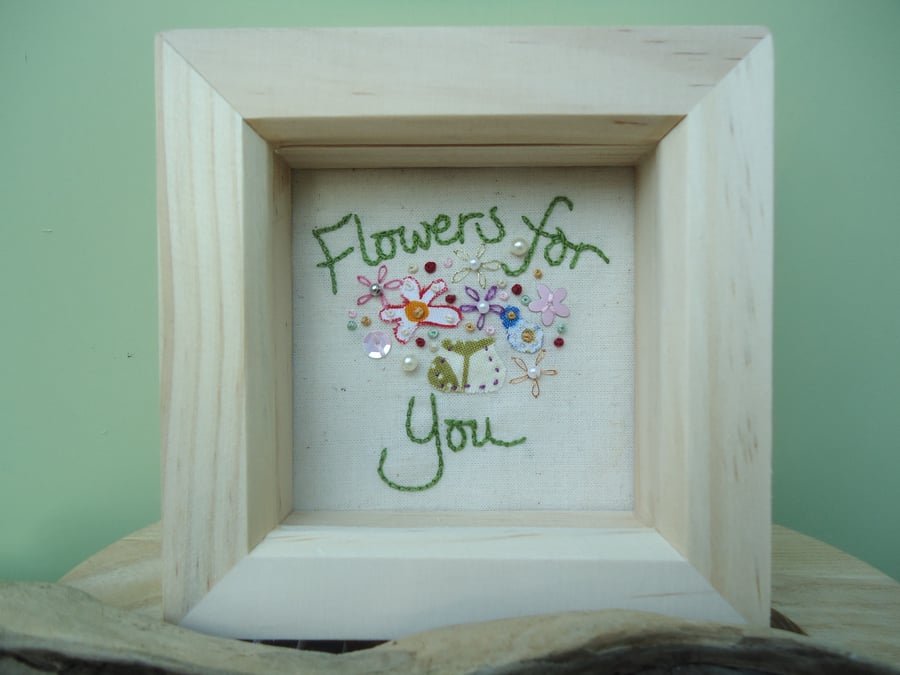 Flowers for You, Embroidered Vase of Flowers, Greens