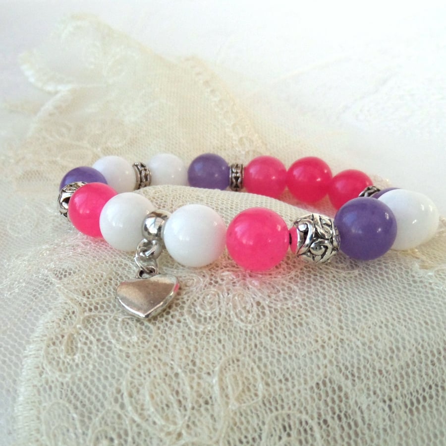 Summer bracelet with heart charm, pink, purple and white stretchy bracelet