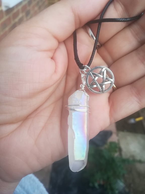 Angel Quartz necklace, Aura silver pendant with Pentagram.