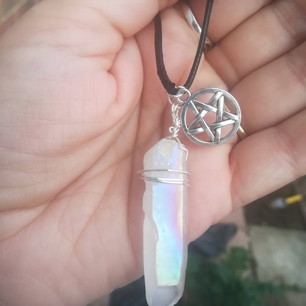 Angel Quartz necklace, Aura silver pendant with Pentagram.
