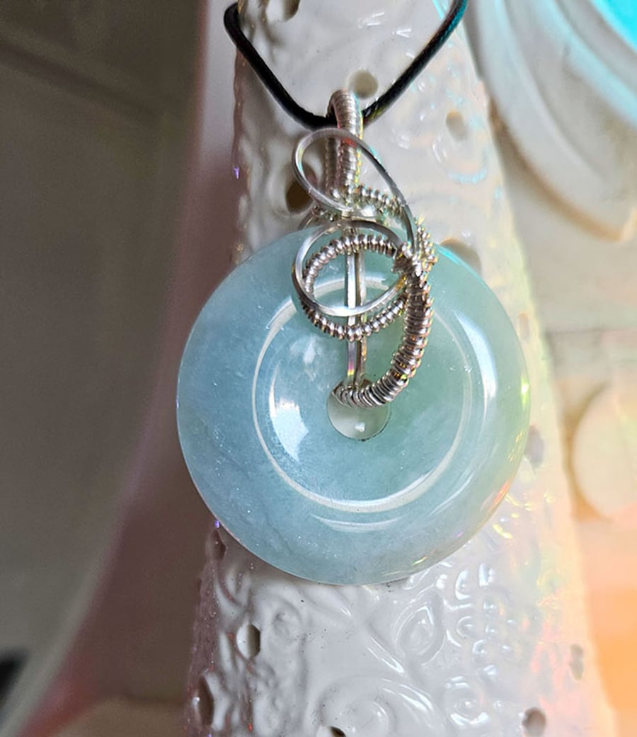 Aquamarine Donut Pendant with Sterling Silver Wire and Chain