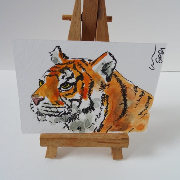 ACEO Tiger Serene Original Watercolour & Ink Painting OOAK 