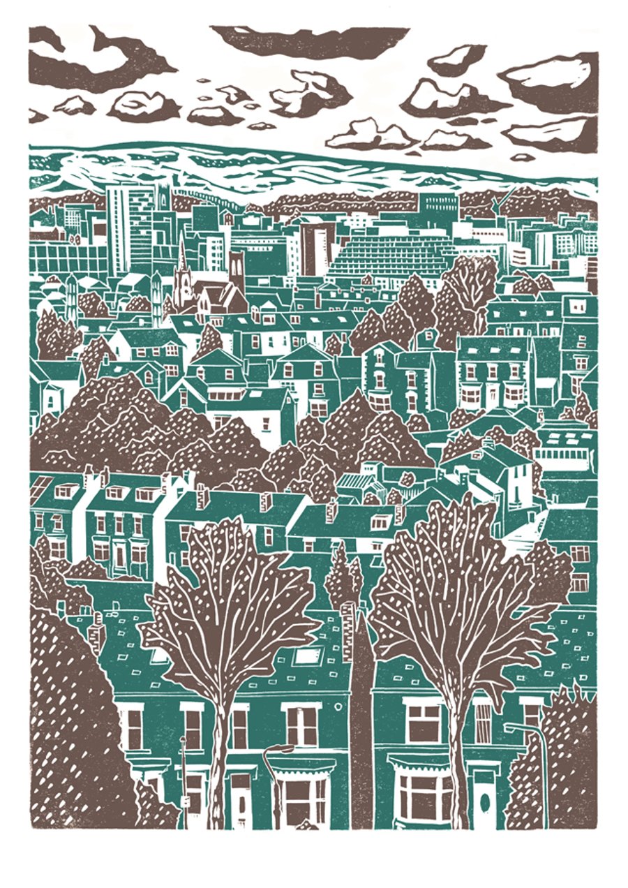 Sheffield City View No.4 A3 poster print (blue-green & grey)