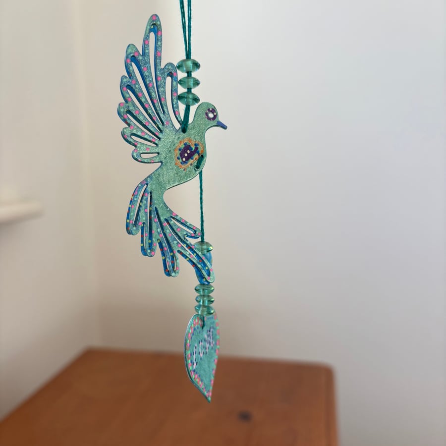 Hand Painted Hanging Decoration Love Token - ‘Love Bird - Green’