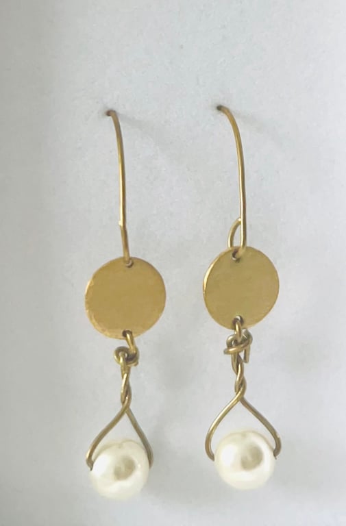 Earrings Brass Disc with Swarovski Pearl, Vintage Style 