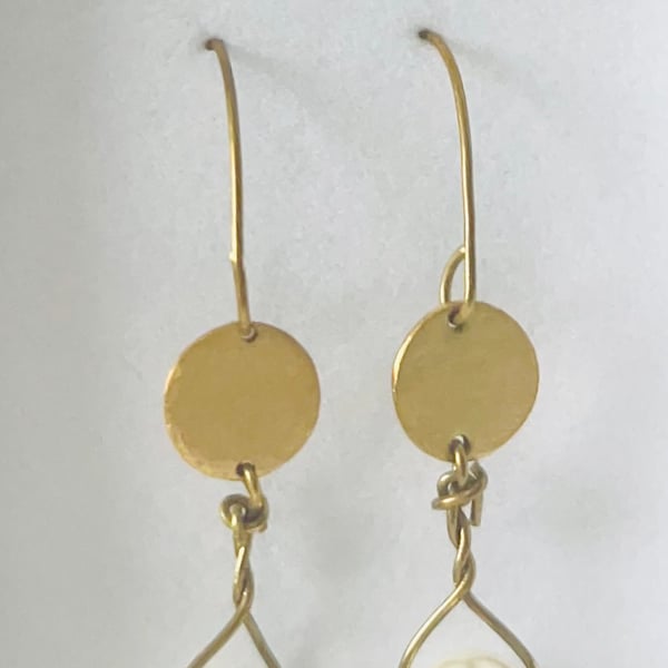 Earrings Brass Disc with Swarovski Pearl, Vintage Style 