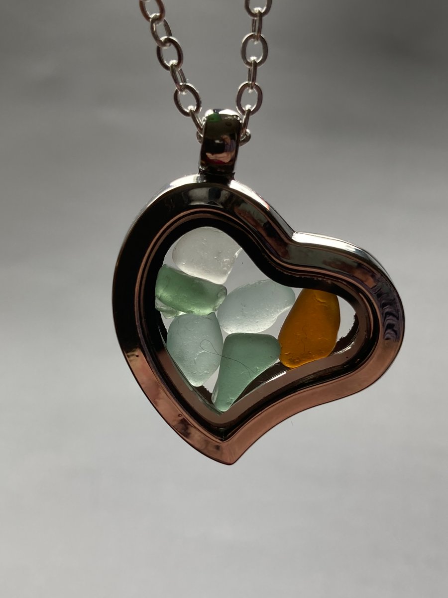 Seaglass filled heart shaped locket and 22inch silver plate chain