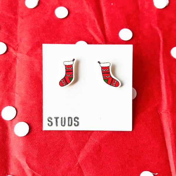 Christmas Stocking Illustration Shrink Plastic Stud Earrings Seconds Sunday