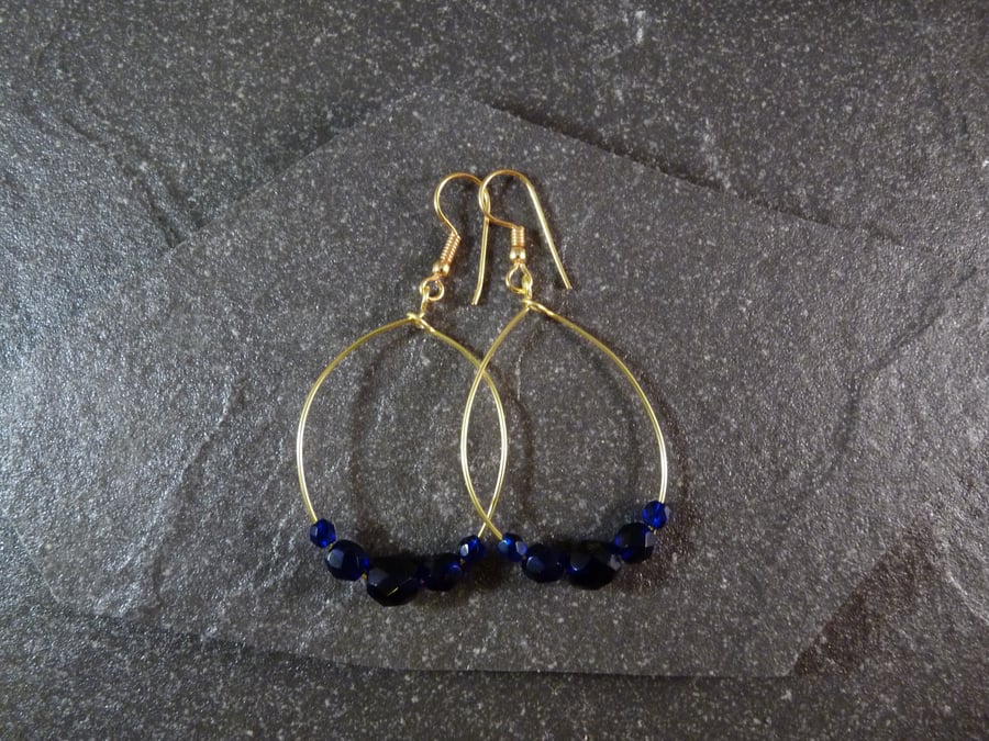 Large Hoop Earrings - Midnight Blue Faceted Glass - 40mm - Gold Colour