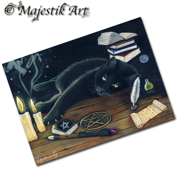 Archival ACEO Black Cat Print 'Black magic' By V Kenworthy