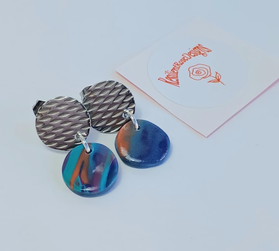 Unique dark blue multicoloured small round dangle earrings    