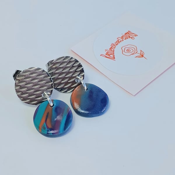 Unique dark blue multicoloured small round dangle earrings    
