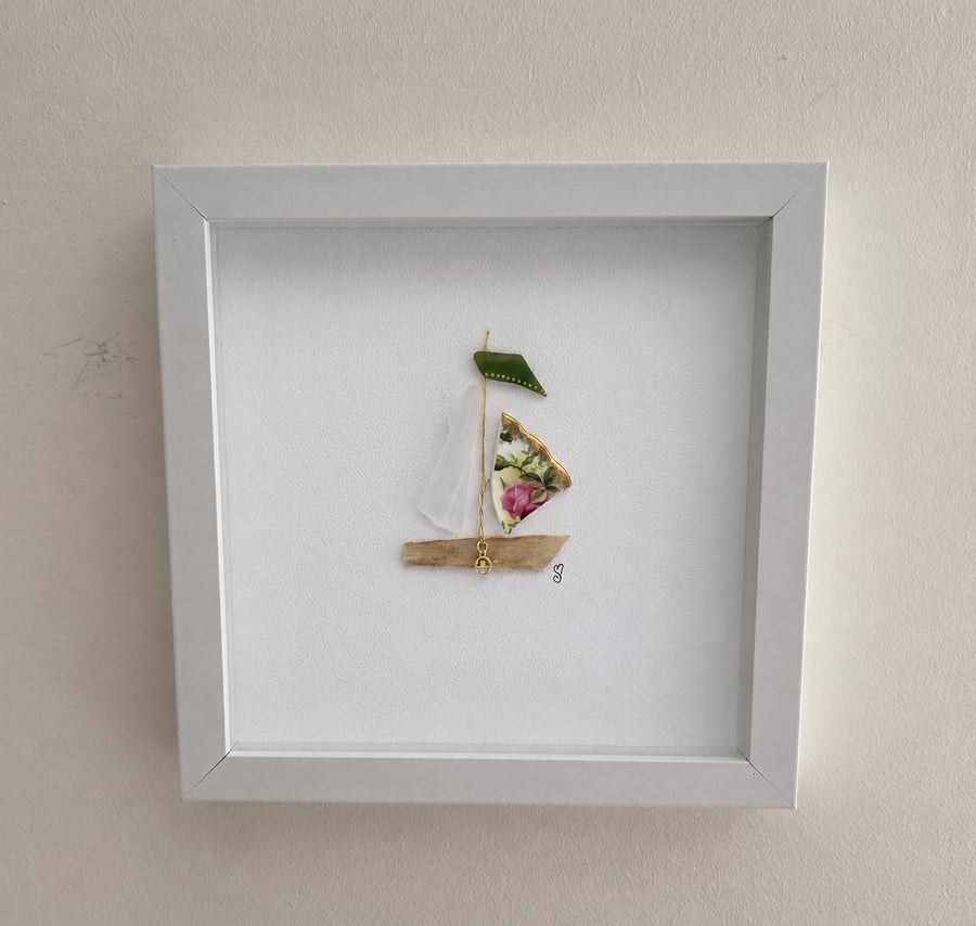 Vintage China Sailing Boat Sea Glass Art - Handmade Coastal Shadow Box Frame 