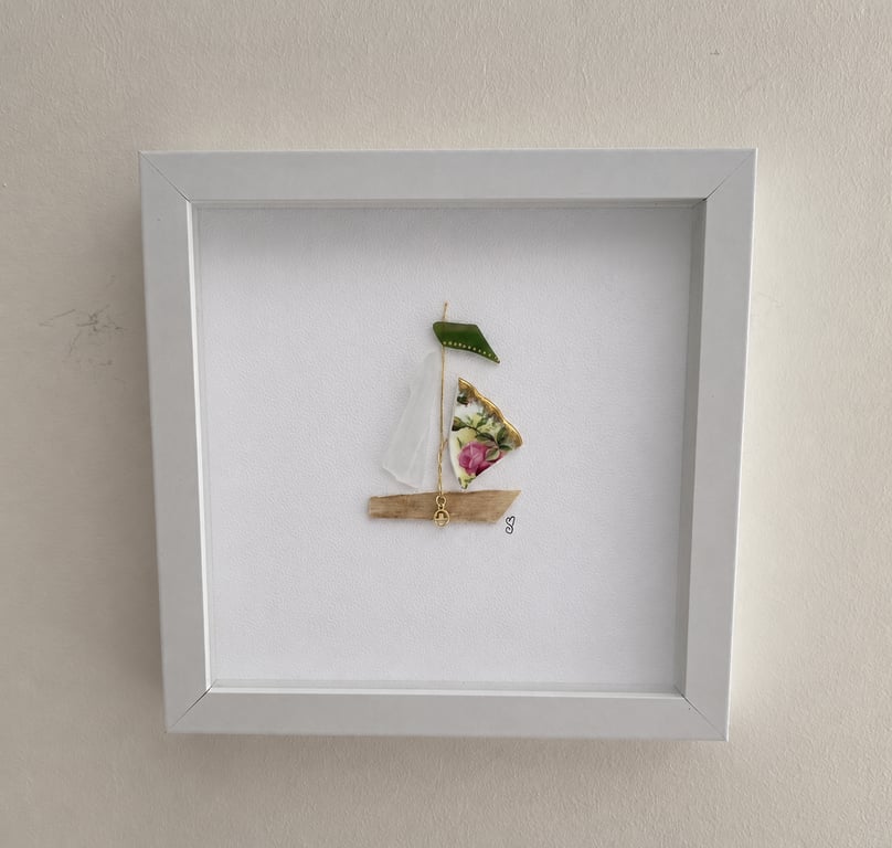 Vintage China Sailing Boat Sea Glass Art - Handmade Coastal Shadow Box Frame 
