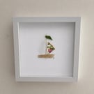 Vintage China Sailing Boat Sea Glass Art - Handmade Coastal Shadow Box Frame 
