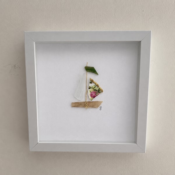 Vintage China Sailing Boat Sea Glass Art - Handmade Coastal Shadow Box Frame 