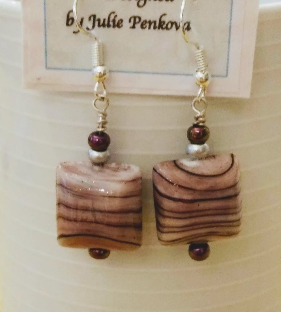 Square glass pink and black striped earrings.