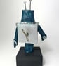 Handbuilt Ceramic Robot Figurine: Turquoise & Silver 'Wobot' - Image 3