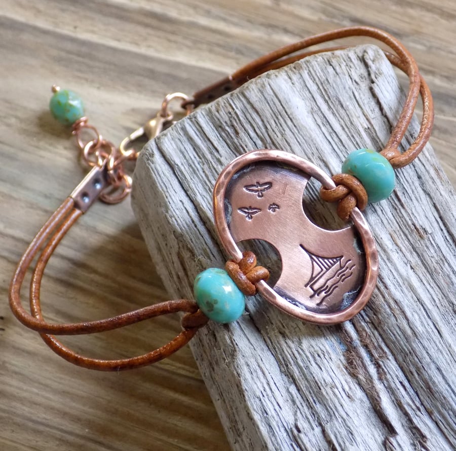 Rustic style aged copper 'sailing at sundown ' leather bracelet