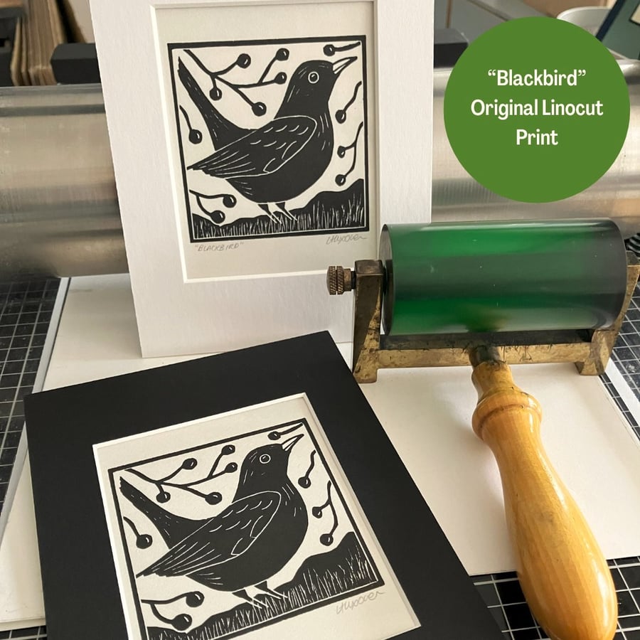 Linocut  - "Blackbird" - Bird Print - Nature Print
