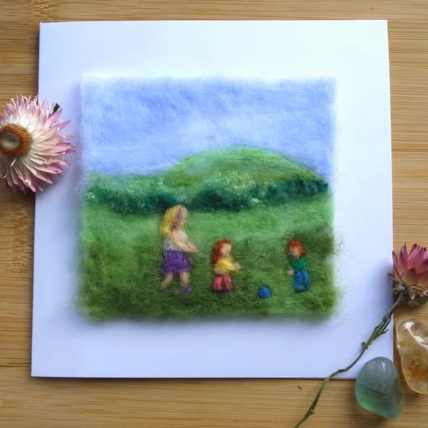 Handmade needle felted Walking with Mum greetings card