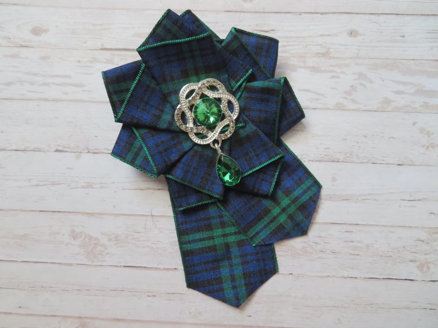 Large Black Watch Tartan & Emerald Crystal Brooch