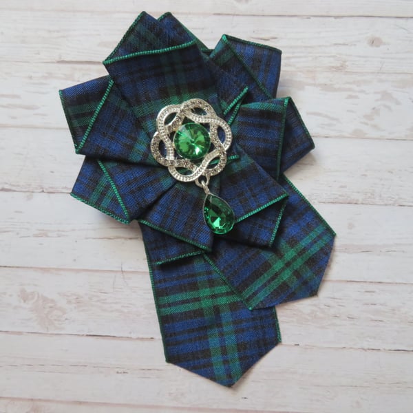 Large Black Watch Tartan & Emerald Crystal Brooch