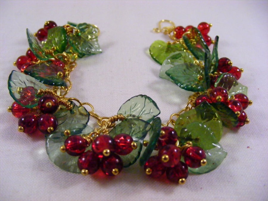 Red Berries and Green Leaf Charm Bracelet