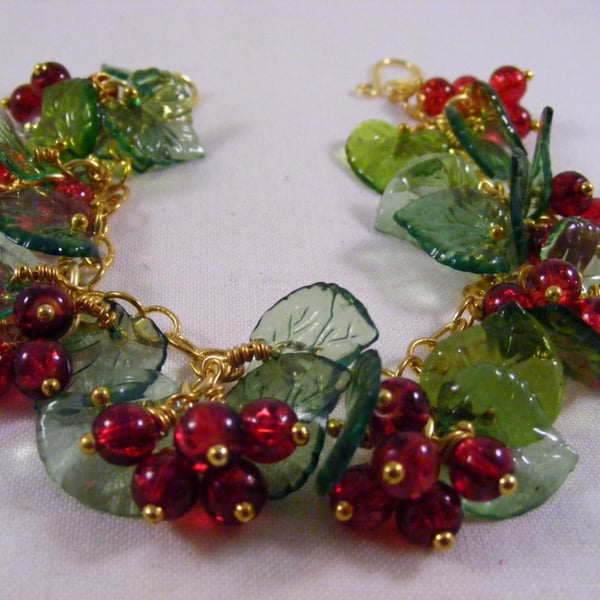 Red Berries and Green Leaf Charm Bracelet