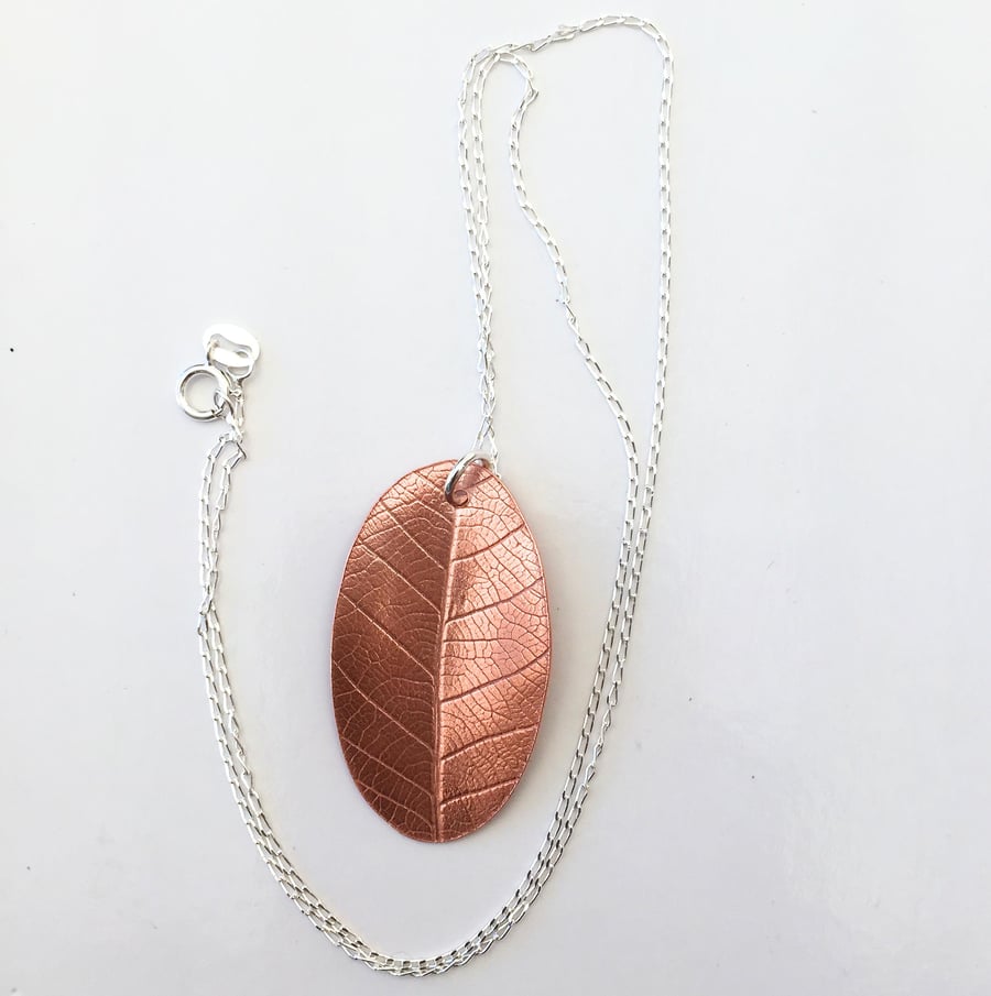  Handmade Copper Leaf Design Pendant Necklace on a Sterling Silver Chain