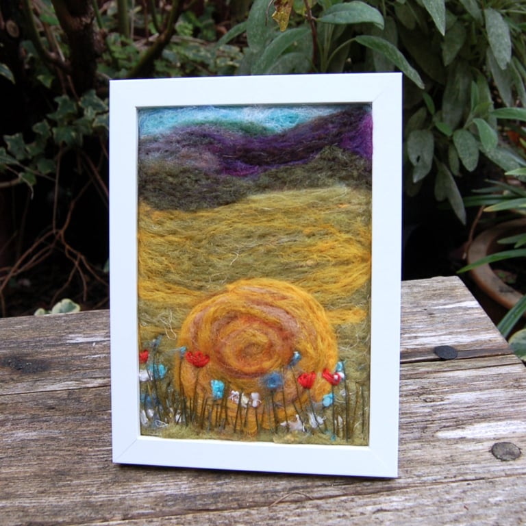 Hay Meadow.  Needle felted and hand embroidered wool painting