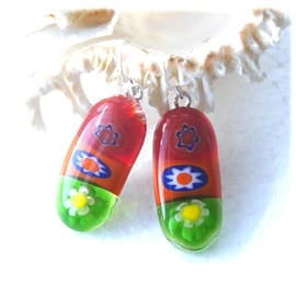 Earrings Fused Glass Millefioiri Handmade M009 Traffic Light Flowers