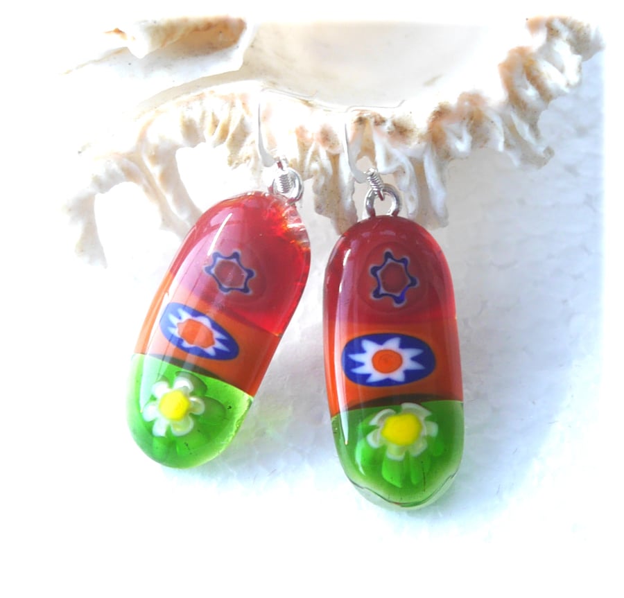 Earrings Fused Glass Millefioiri Handmade M009 Traffic Light Flowers