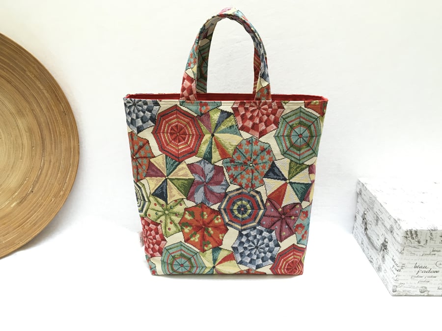 Tapestry tote bag, large tote bag,colourful top handle bag with umbrellas