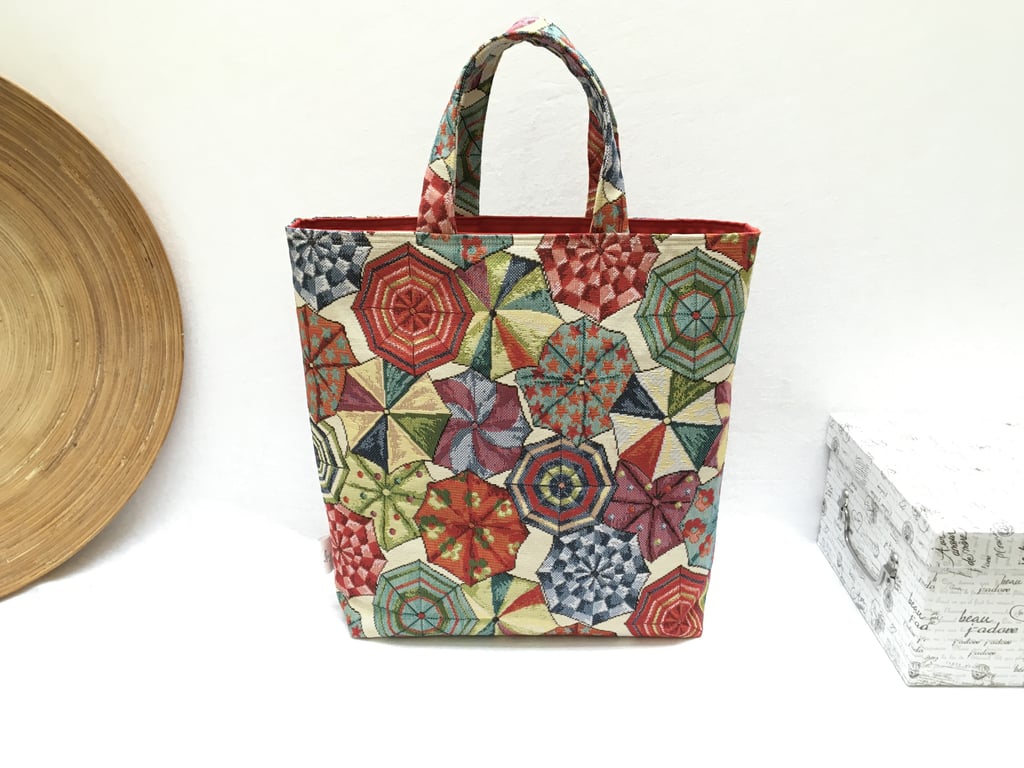Tapestry tote bag, large tote bag,colourful top handle bag with umbrellas