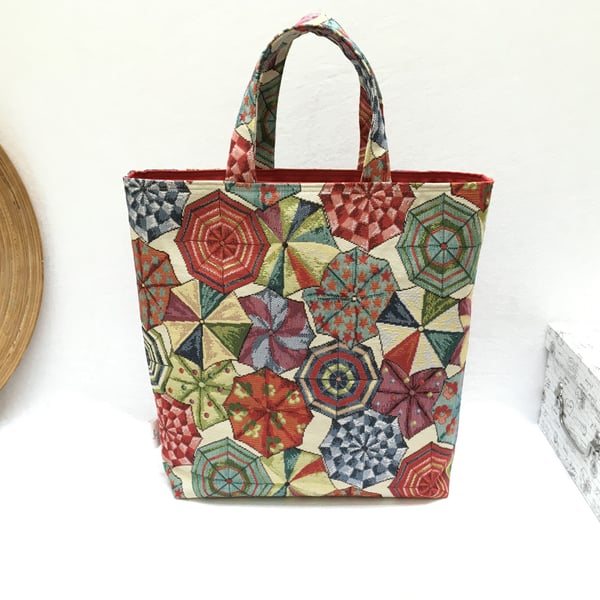 Tapestry tote bag, large tote bag,colourful top handle bag with umbrellas