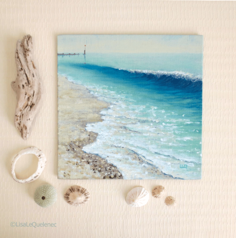 Opaline sea original acrylic seaside painting shoreline at Bournemouth beach 