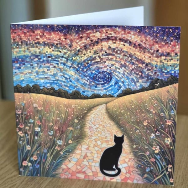 Black cat in colourful world, Blank card for any occasion 6" x 6" white envelope