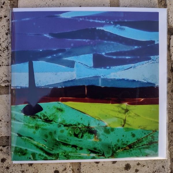 Fused glass art greetings card Ham Hill Monument, blank inside