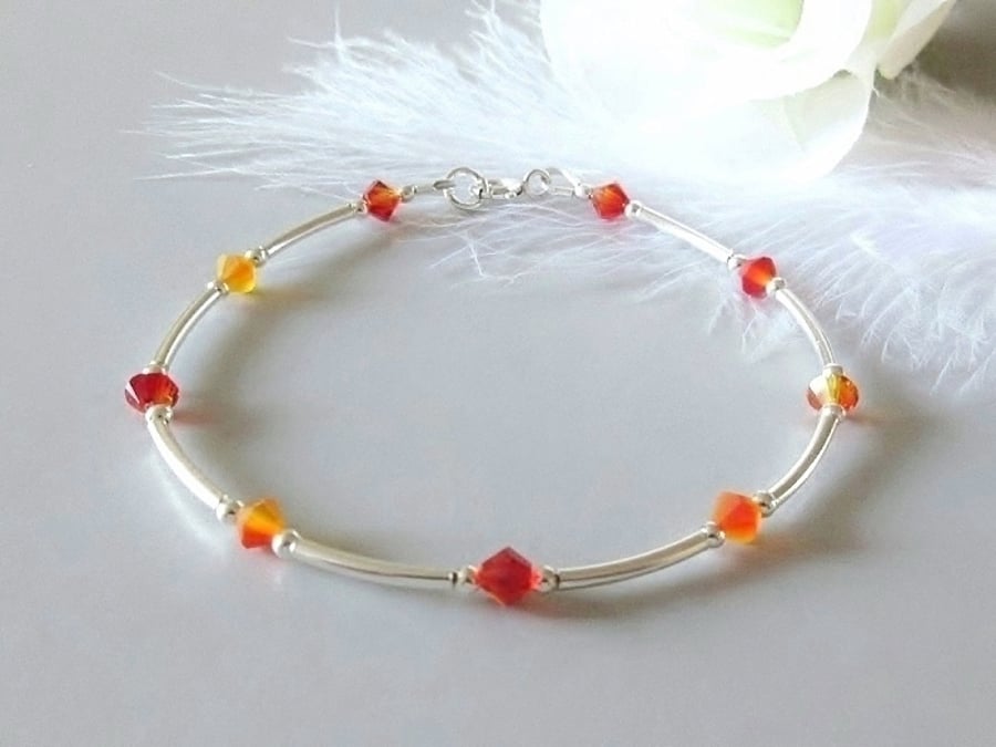 Sterling Silver Bangle Bracelet With Orange Red Yellow Fire Opal Blend Crystals