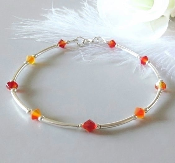 Sterling Silver Bangle Bracelet With Orange Red Yellow Fire Opal Blend Crystals