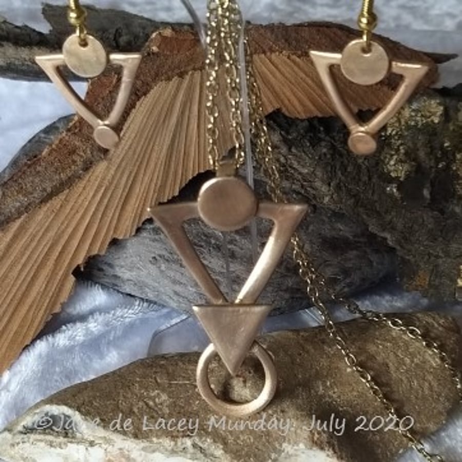 Bronze Triangular Pendant and Earring Set