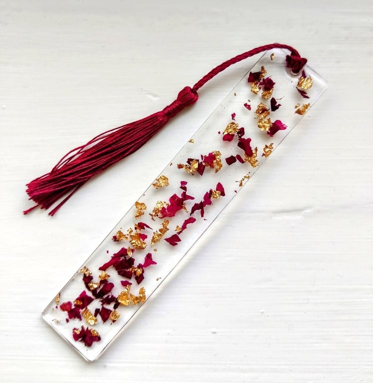 Dried rose petal and gold leaf resin bookmark 