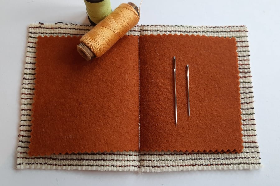 Needlecase, handwoven needlebook, sewing storage, cream red brown 