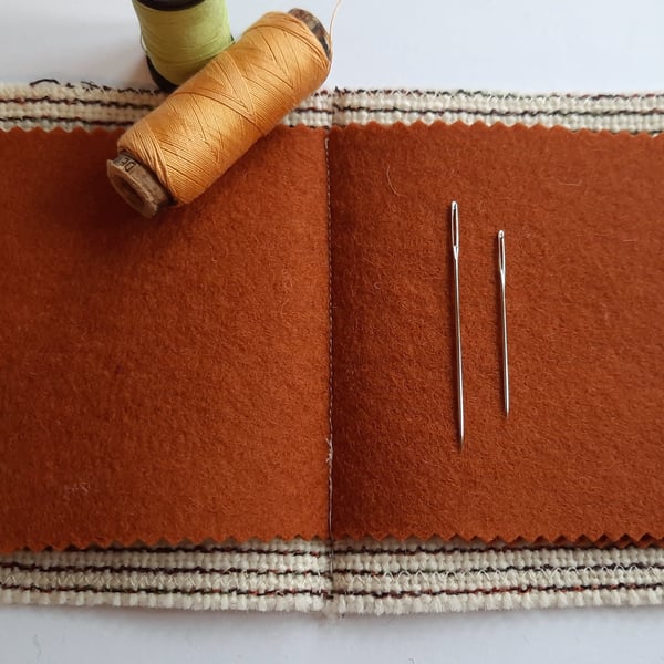 Needlecase, handwoven needlebook, sewing storage, cream red brown 