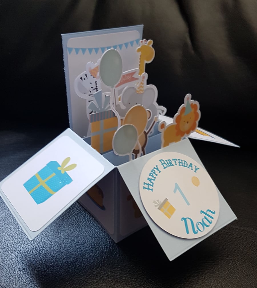 First Birthday Box Card in blue - animals - Personalised