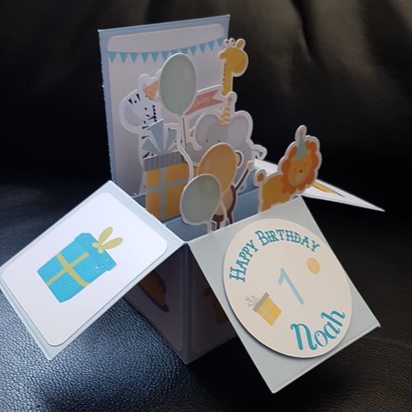 First Birthday Box Card in blue - animals - Personalised