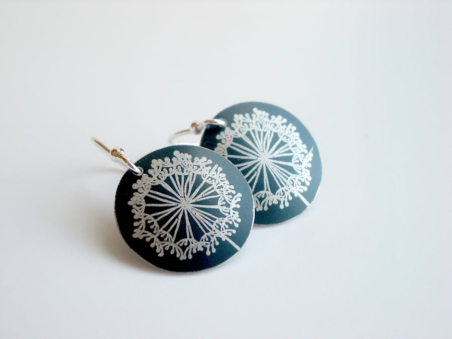 Dandelion clock earrings in black and silver